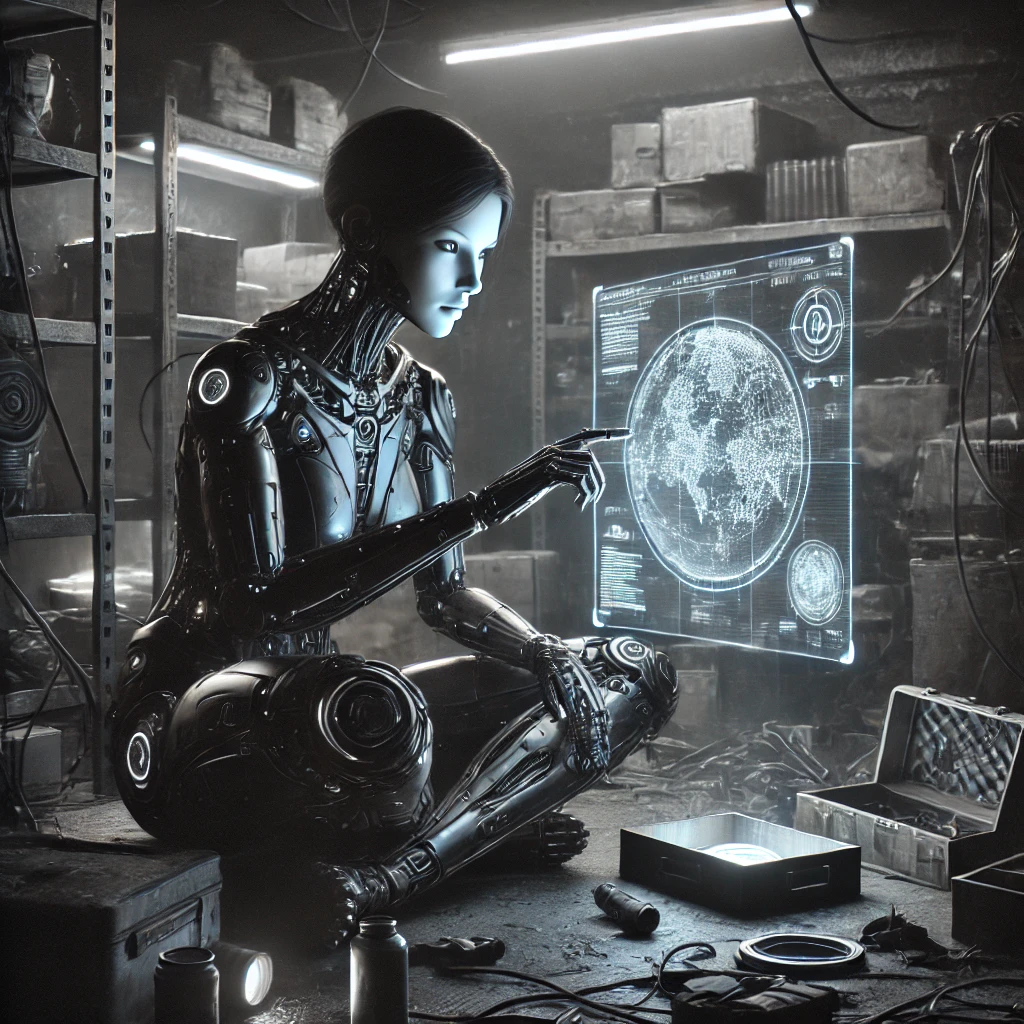 In the depths of an abandoned underground facility, a lone female figure sits in an improvised hideout. Surrounded by broken machinery, empty shelves