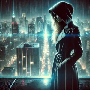 A mysterious woman with a hooded trench coat stands at the edge of a rooftop, gazing down at the futuristic city below.