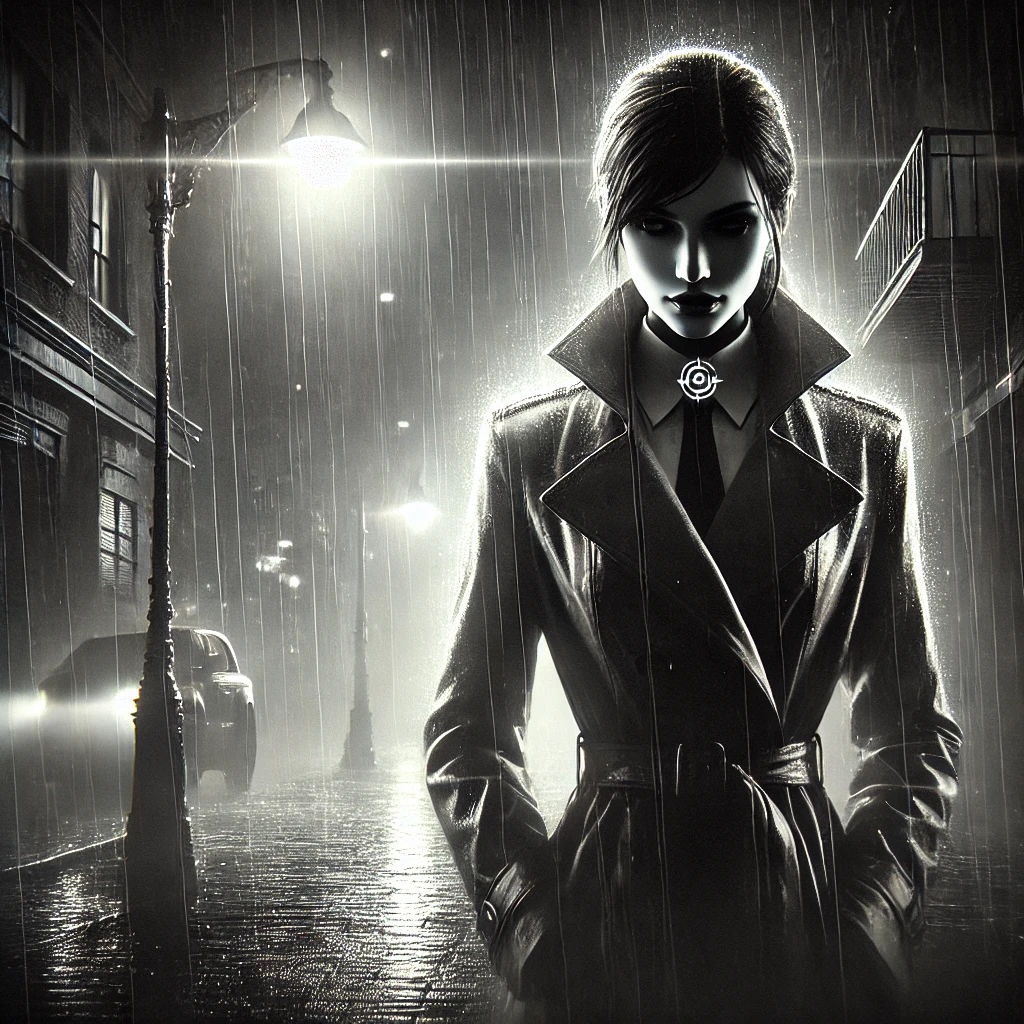 A lone detective in a dark alley, rain falling heavily, with faint cybernetic enhancements glowing subtly in grayscale. A strikingly elegant woman