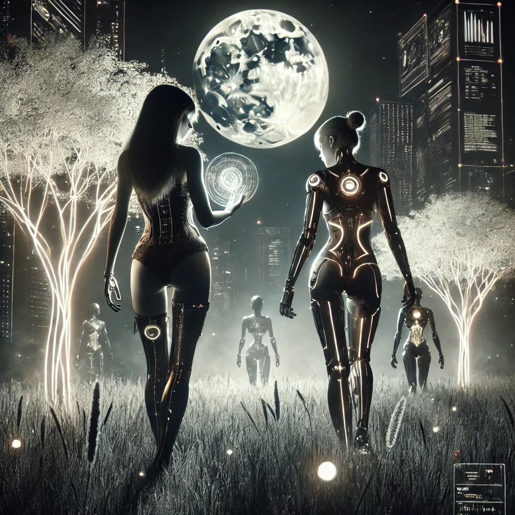 Two cyberpunk women walk through a synthetic meadow under an artificial moon, where glowing grass and metallic trees create an eerie glow. One carries