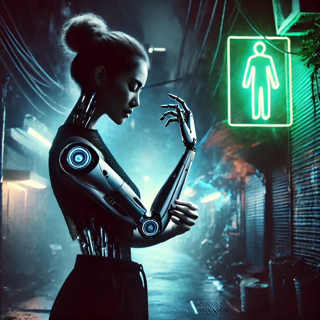 A woman with mechanical limbs adjusts her cybernetic arm while standing in a dark alley, neon lights casting an eerie glow. Her stance is elegant yet