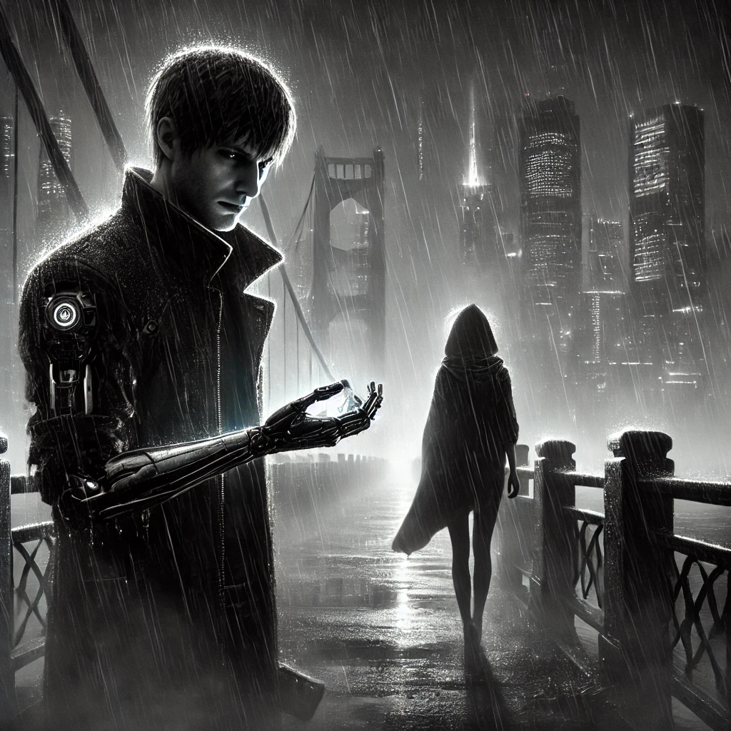 A noir cyberpunk depiction of the two characters on the same desolate bridge in Atherion, but closer to each other.