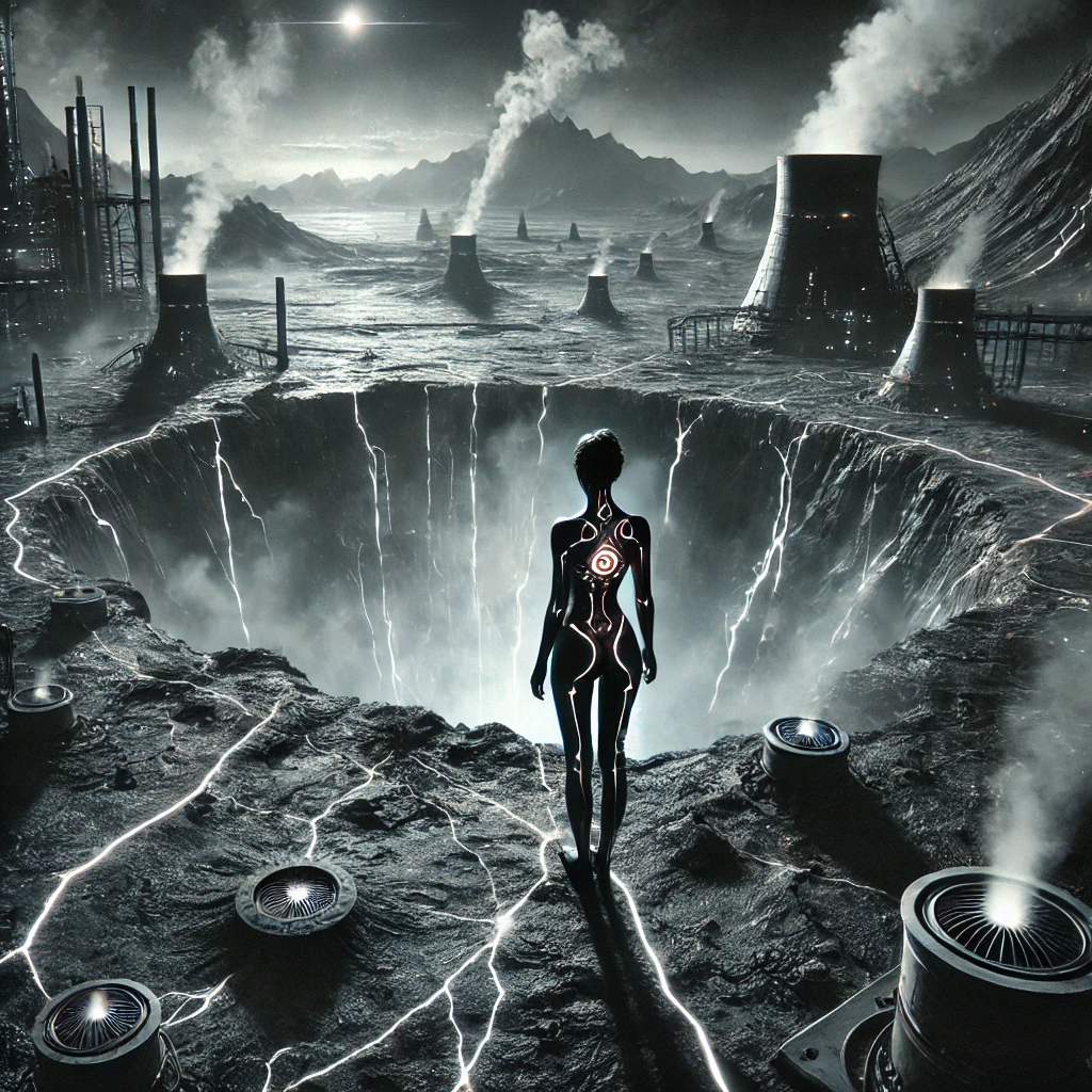 The female figure from the last image stands at the edge of a massive, artificial crater in a futuristic industrial wasteland